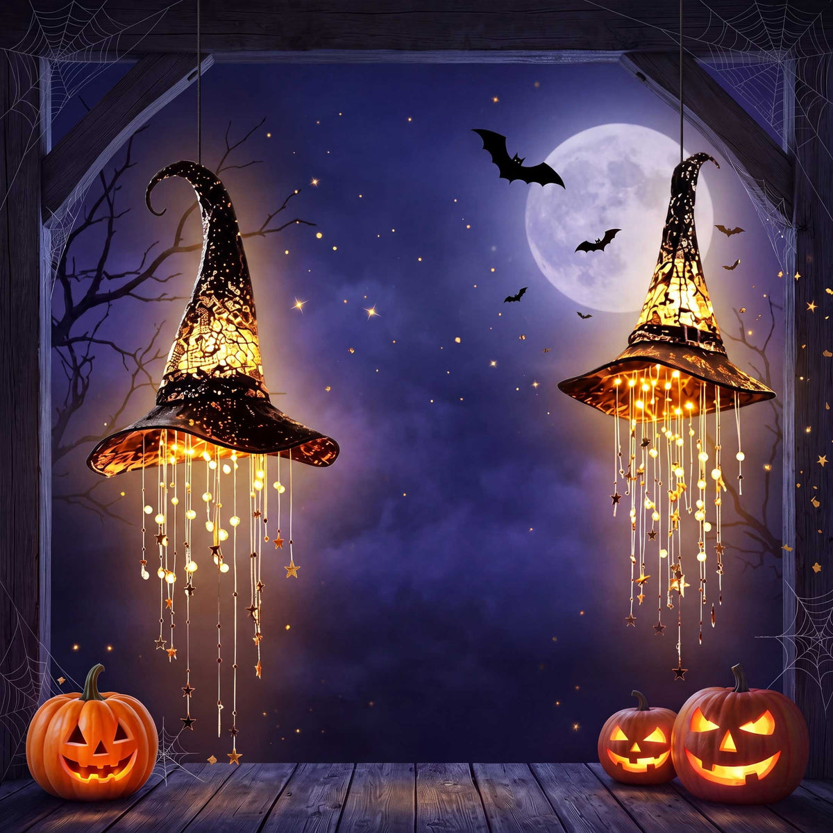 Lighted Witch Hat Hanging Chime, LED Black Mesh Witch Hat with Glowing Star Garland, Indoor Outdoor Halloween Decor for Porch Tree Window