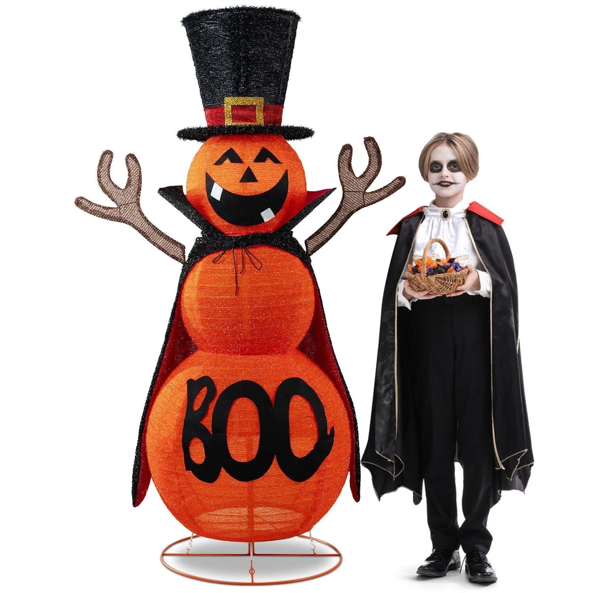 MARACOL 5FT Halloween Pumpkin Decorations Outdoor, 90 LED Pre-Lit Pop-Up Halloween Pumpkin Giant Collapsible Jack-o'-lantern Cute Pumpkin Decor with Cloak & Magic Hat for Outdoor, Yard, Porch