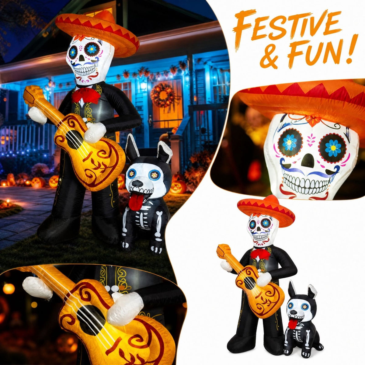 MInHoues 4 ft Halloween Inflatable Mold Ornament, Day of the Dead Skeleton Playing Guitar Decorative Molds, Polyester Spooky Yard Prop for Indoor Outdoor Party Yard Decor