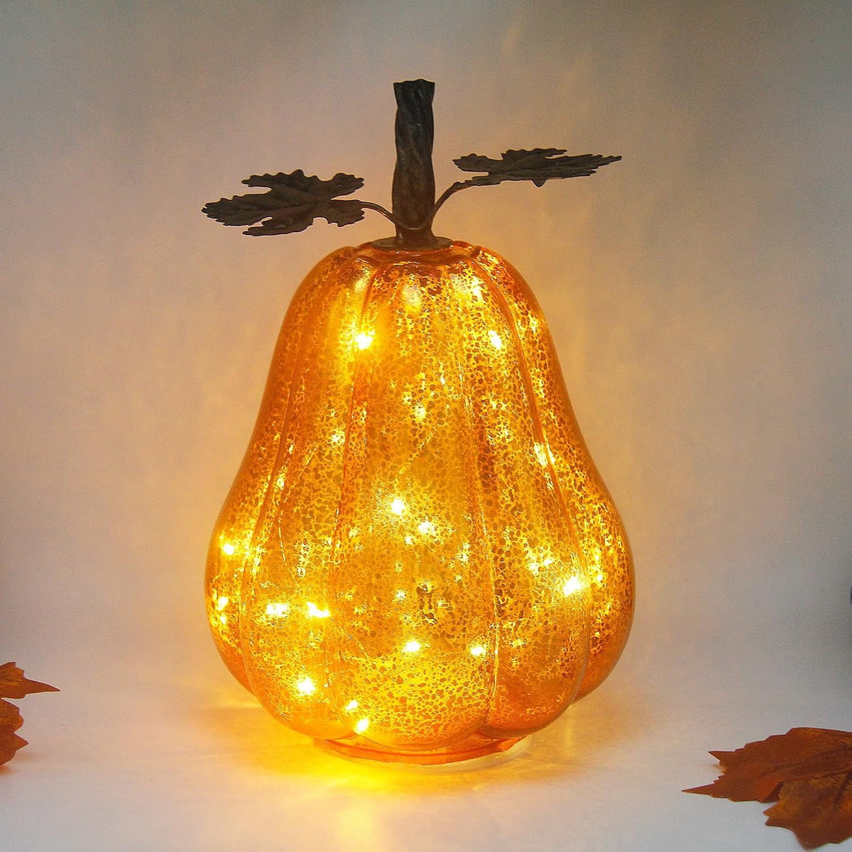 Mercury Glass Pumpkin Lights with Timer, Battery Operated Led Pumpkin Lights for Halloween Fall,Thanksgiving Rustic Decor (Rosegold Leafy, 11")