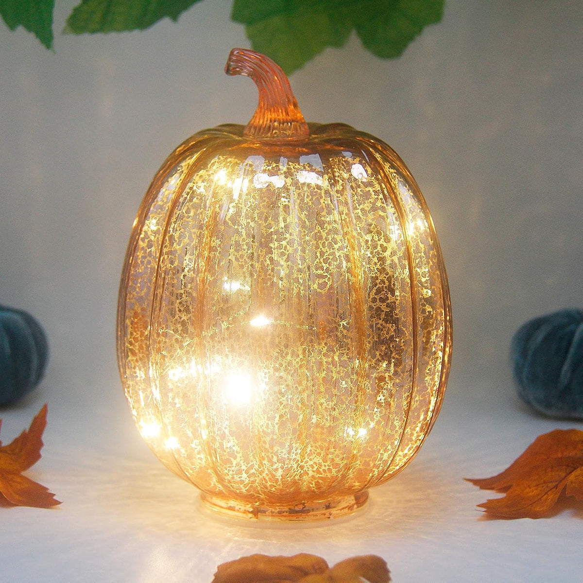 Mercury Glass Pumpkin Lights with Timer, Battery Operated Led Pumpkin Lights for Halloween Fall,Thanksgiving Rustic Decor (Rosegold Leafy, 11")