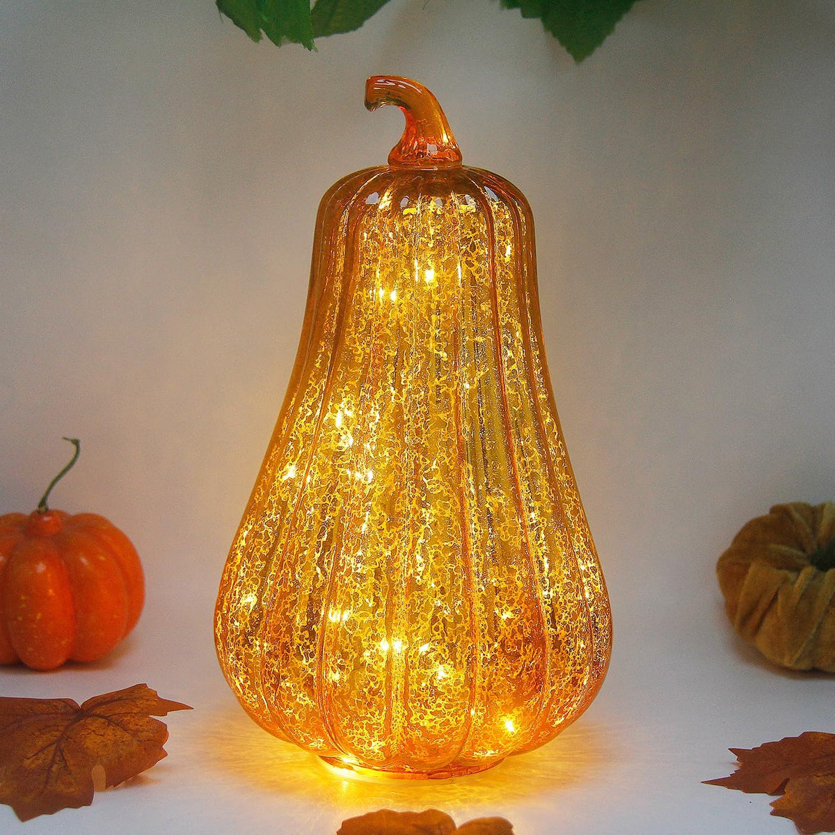 Mercury Glass Pumpkin Lights with Timer, Battery Operated Led Pumpkin Lights for Halloween Fall,Thanksgiving Rustic Decor (Rosegold Leafy, 11")
