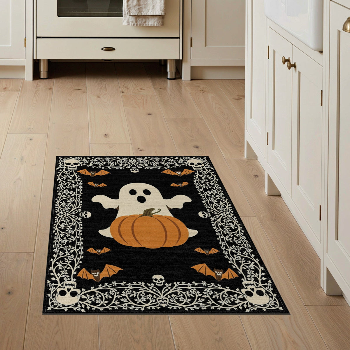 ODIKA 8'x10' Washable Area Rug Halloween Harvest Spirits Grinning Lantern Entrance Doormat Door for Living Room, Under Sectional, Family , Durable, Non-Slip
