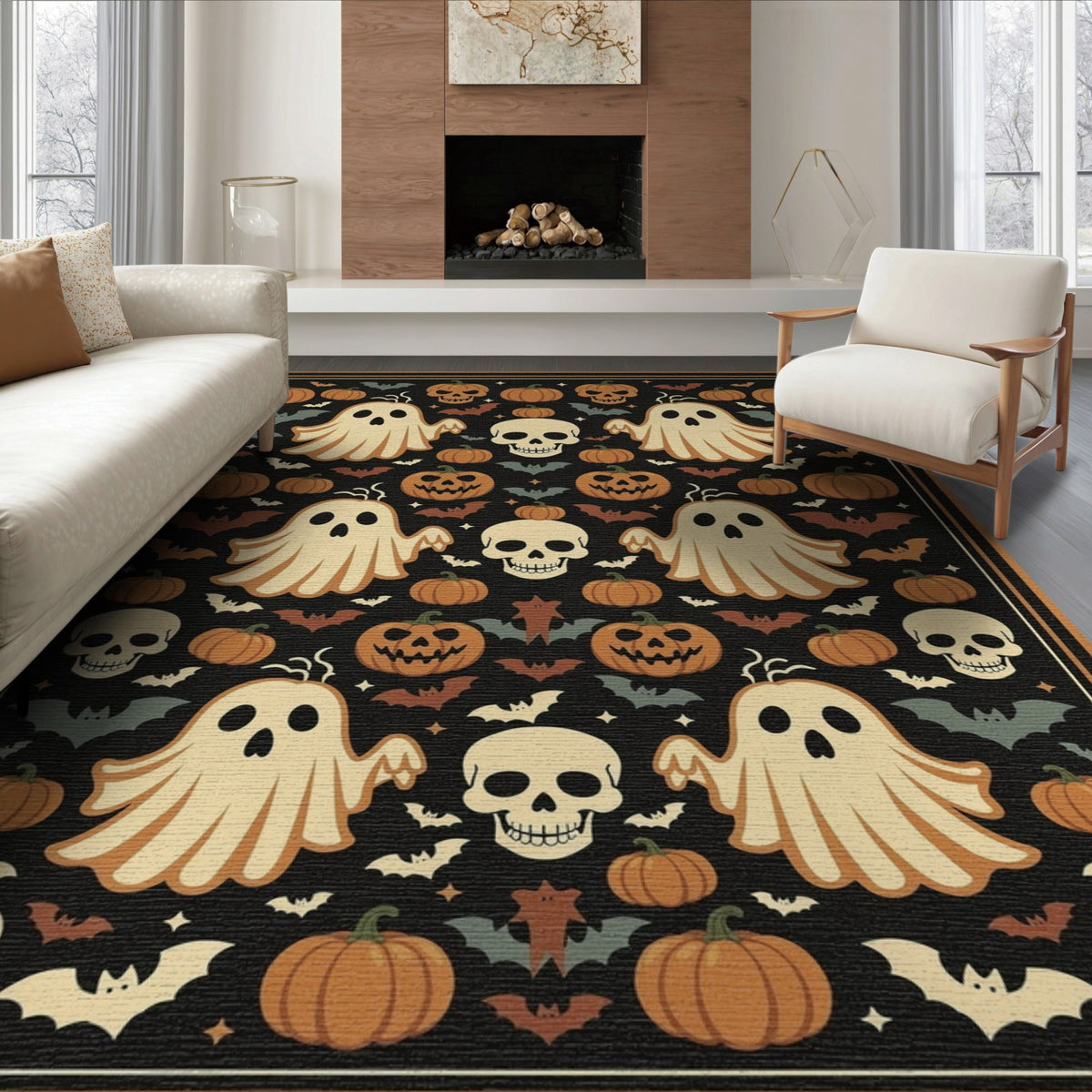 ODIKA 8'x10' Washable Area Rug Halloween Harvest Spirits Grinning Lantern Entrance Doormat Door for Living Room, Under Sectional, Family , Durable, Non-Slip