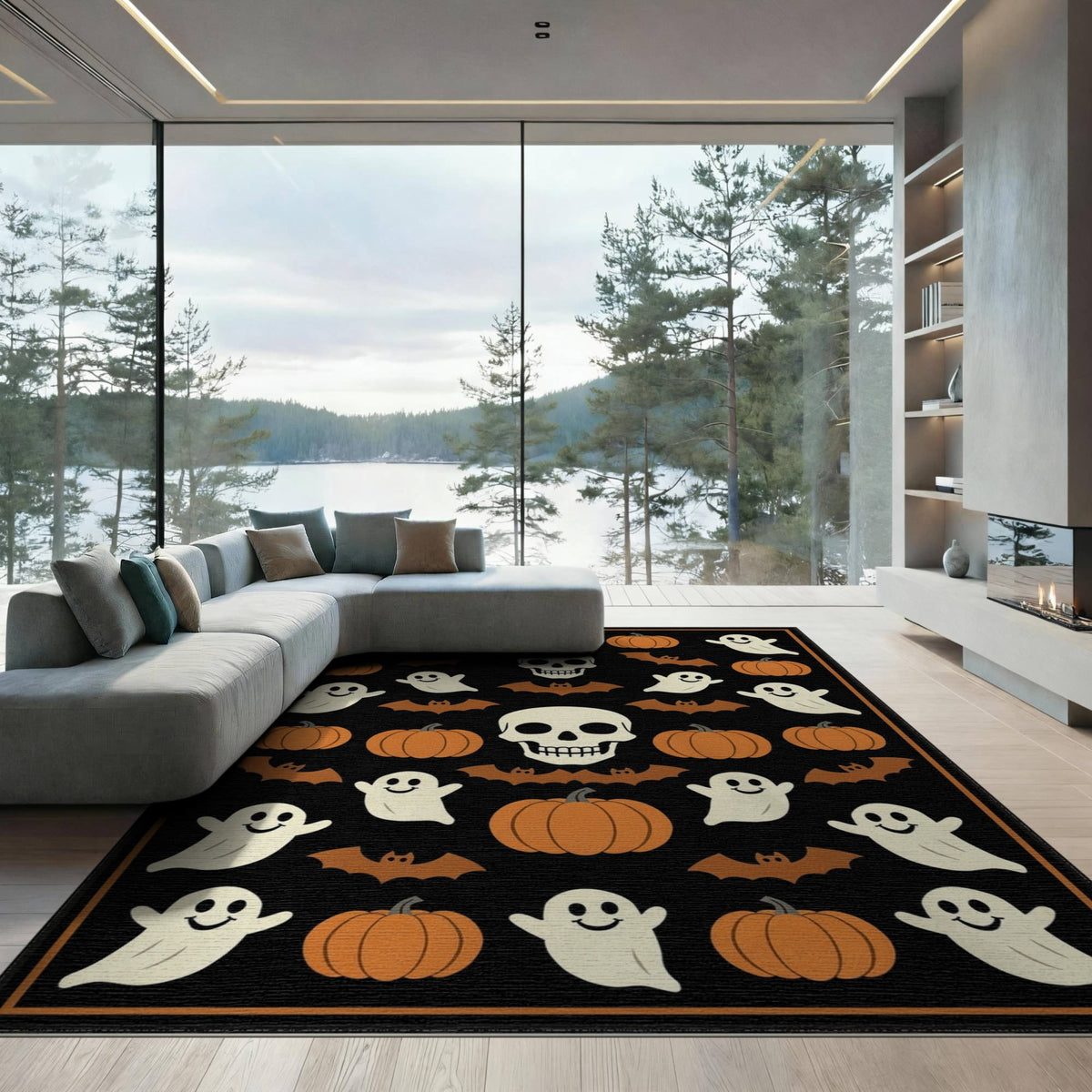 ODIKA 8'x10' Washable Area Rug Halloween Harvest Spirits Grinning Lantern Entrance Doormat Door for Living Room, Under Sectional, Family , Durable, Non-Slip