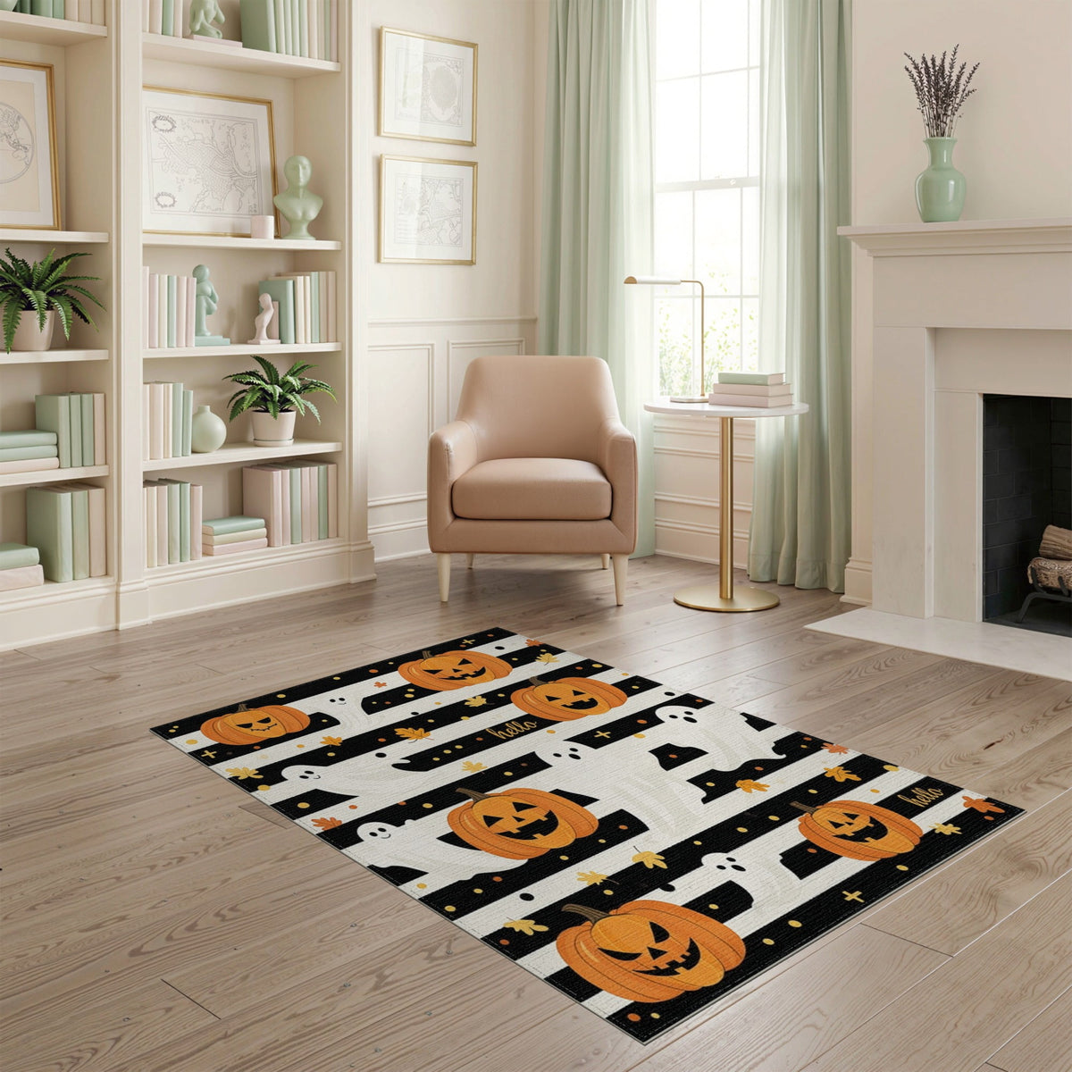 ODIKA Halloween Striped Pumpkin Ghost Farmhouse Welcome Fallc Door Pet Friendly & Kids Safe Play for Playroom, Bedroom, Reading Nook