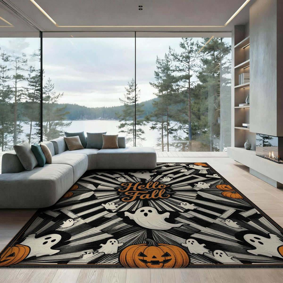 ODIKA Halloween Spooky Pumpkin Phantom Striped Entrance Door Doormat for Playroom, Bedroom, Reading Nook, Pet Friendly & Kids Safe Play