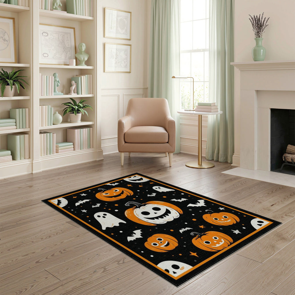 ODIKA Halloween Ghost Pumpkin Bat Skull Welcome Doormat Fiber Door for Dorm Room, Small Living Apartment, Stain Resistant Low Profile