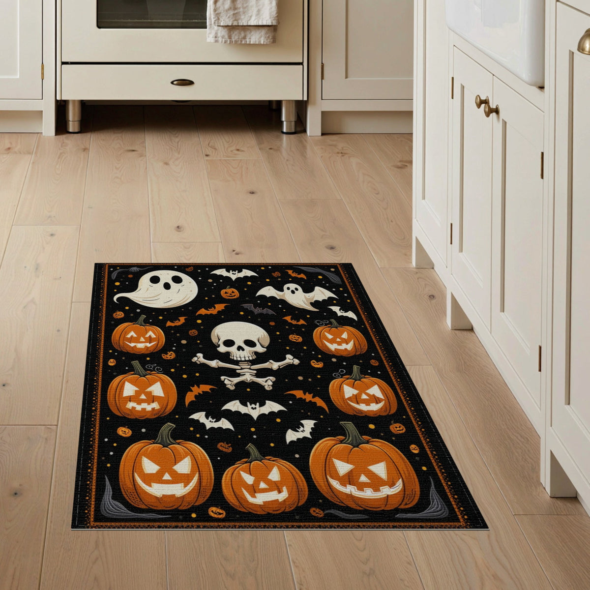 ODIKA Halloween Ghost Pumpkin Bat Skull Welcome Doormat Fiber Door for Dorm Room, Small Living Apartment, Stain Resistant Low Profile
