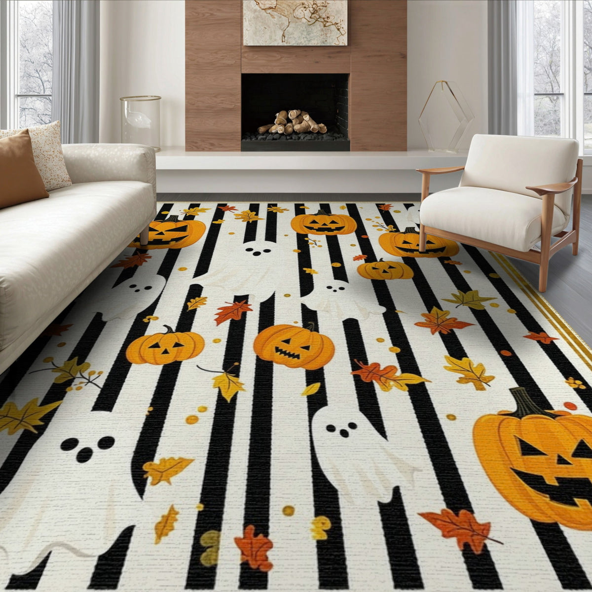 ODIKA Halloween Striped Pumpkin Ghost Farmhouse Welcome Fallc Door Pet Friendly & Kids Safe Play for Playroom, Bedroom, Reading Nook
