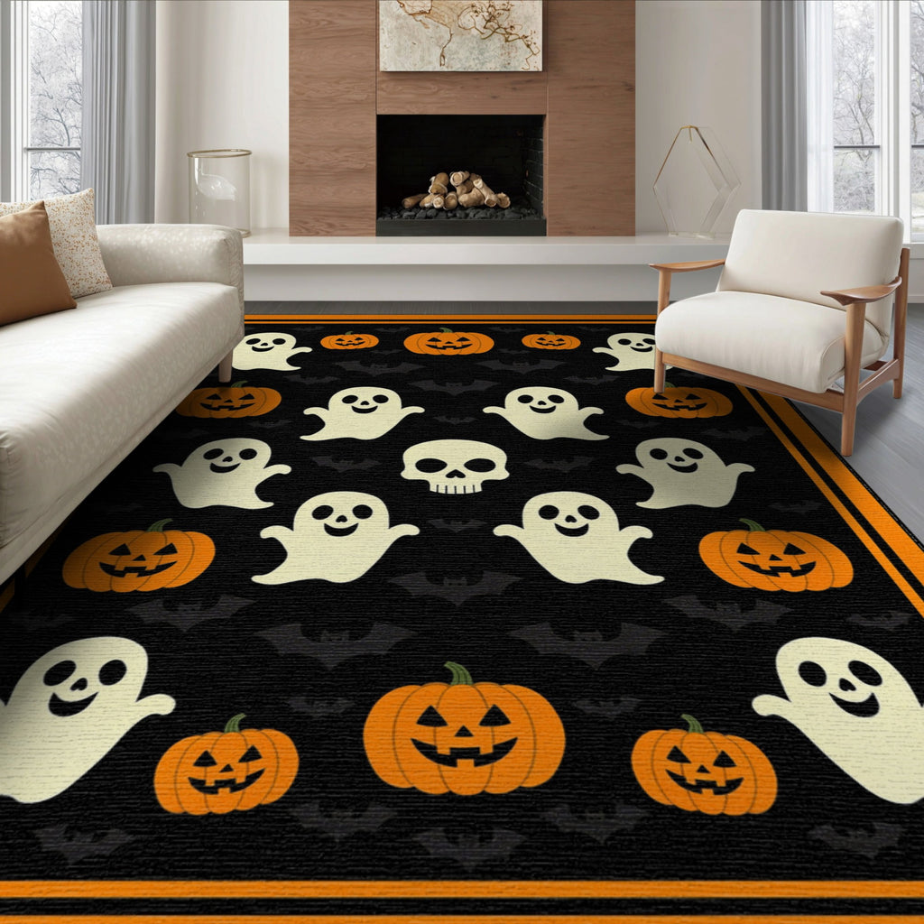 ODIKA 8'x10' Washable Area Rug Halloween Harvest Spirits Grinning Lantern Entrance Doormat Door for Living Room, Under Sectional, Family , Durable, Non-Slip