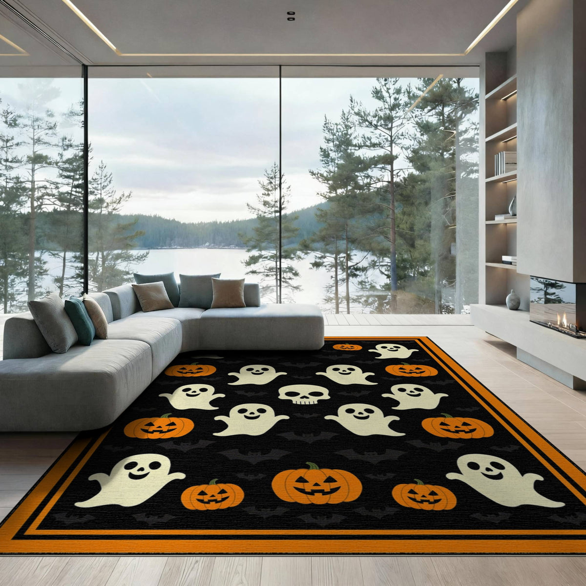 ODIKA Retro Halloween Welcome Featuring Ghosts Pumpkins Bats Skulls Non-Slip Flatwoven for Living Room, Under Sectional, Family