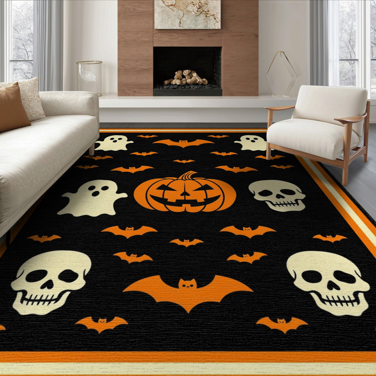 ODIKA Retro Halloween Welcome Featuring Ghosts Pumpkins Bats Skulls Non-Slip Flatwoven for Living Room, Under Sectional, Family