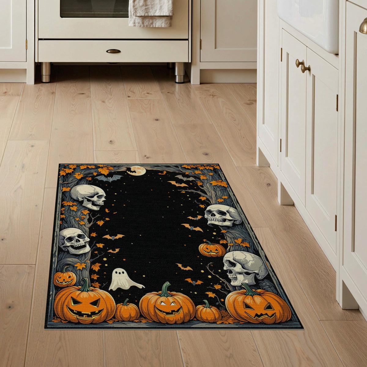 ODIKA Halloween Ghost Pumpkin Bat Skull Welcome Doormat Fiber Door for Dorm Room, Small Living Apartment, Stain Resistant Low Profile