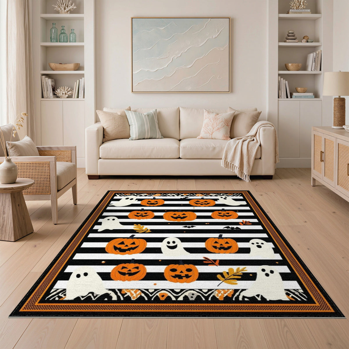 ODIKA Halloween Striped Pumpkin Ghost Farmhouse Welcome Fallc Door Pet Friendly & Kids Safe Play for Playroom, Bedroom, Reading Nook