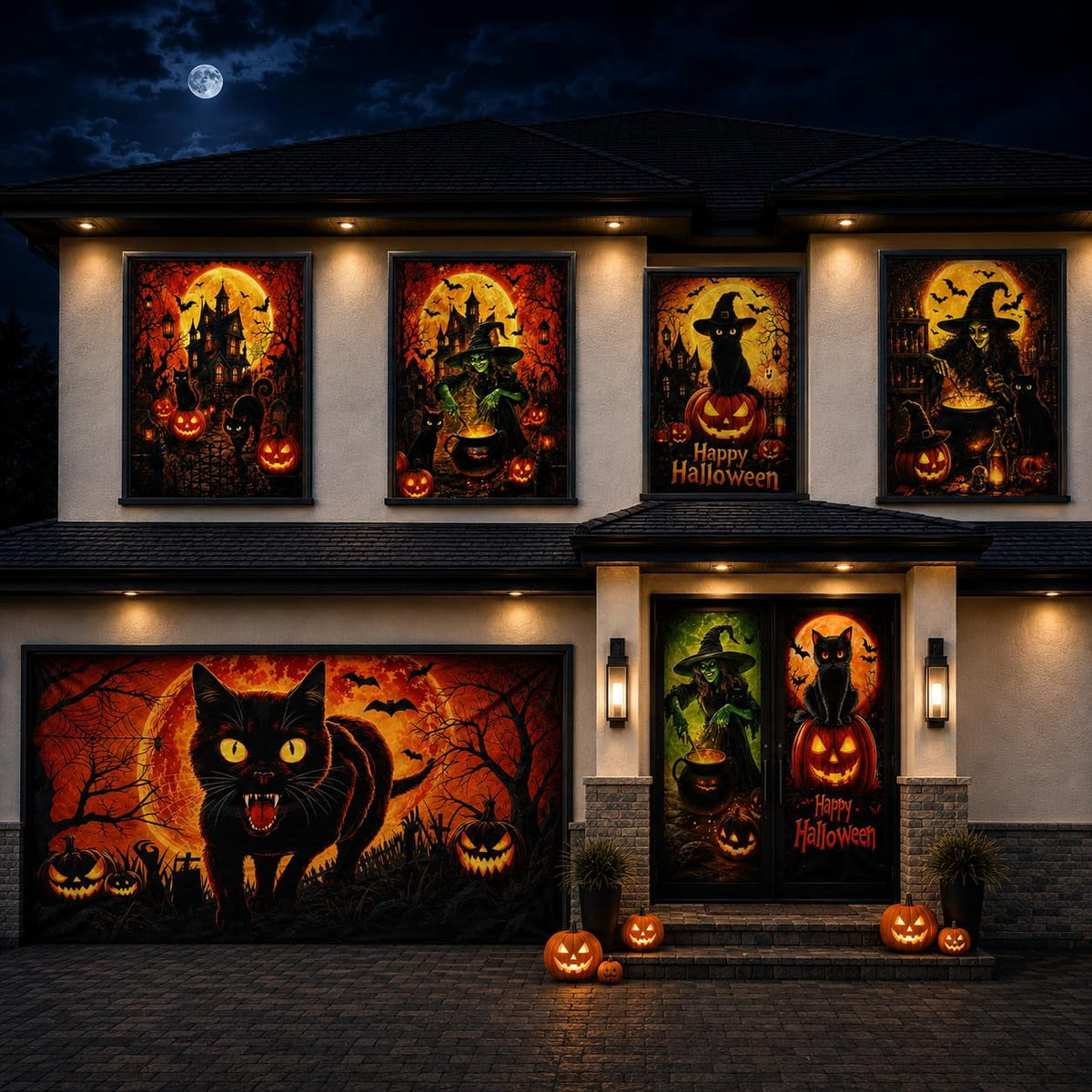 PMU 7-Piece Halloween Garage Door Cover Set, 16 x 7 ft, Skeleton Window & Door Decorations