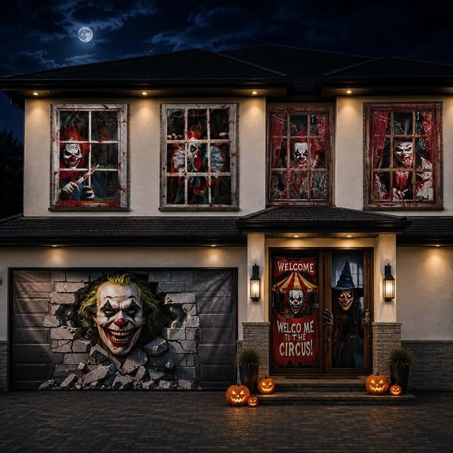 PMU 7-Piece Halloween Garage Door Cover Set, 16 x 7 ft, Skeleton Window & Door Decorations