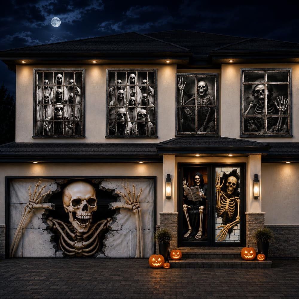 PMU 7-Piece Halloween Garage Door Cover Set, 16 x 7 ft, Skeleton Window & Door Decorations