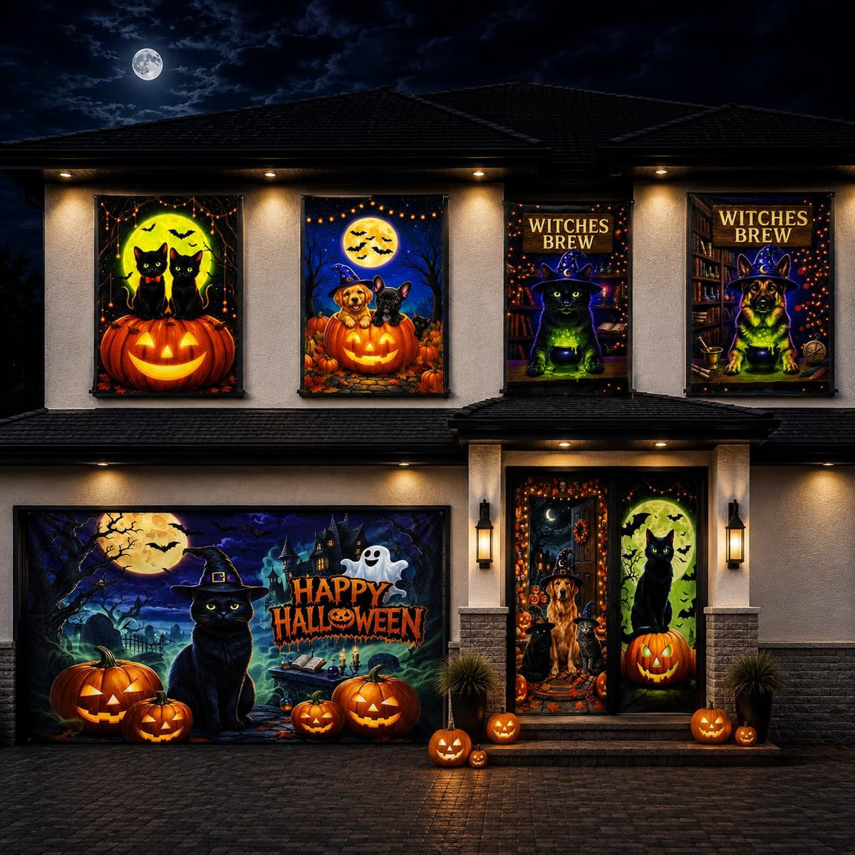 PMU 7-Piece Halloween Garage Door Cover Set, 16 x 7 ft, Skeleton Window & Door Decorations