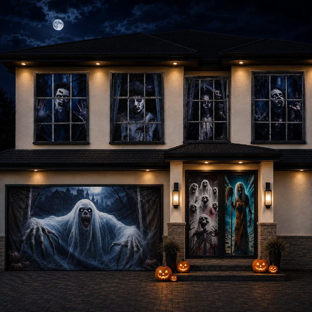 PMU 7-Piece Halloween Garage Door Cover Set, 16 x 7 ft, Skeleton Window & Door Decorations