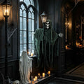 QuanTara Halloween Ghost Street Lamp Decor, Light Up Blue Eyes Skeleton Grim Standing Prop with Tattered Robe for Porch Front Door Outdoor Yard Decoration, 1 Pack