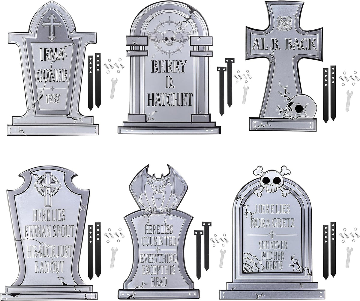 3-D Metal Halloween Ghost Cemetery 17" Tombstones - Set of 6 with Stakes, Metal Outdoor Yard Decoration with Stakes, for Haunted House and Graveyard