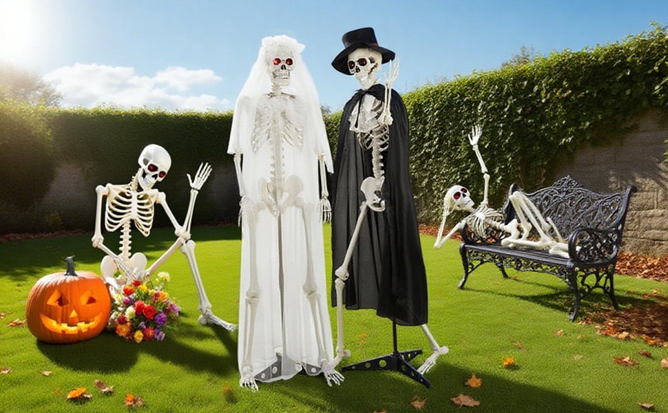 SUSUchens Life-Size 65" Halloween Skeleton Couple Full Body Bones Posable Skeleton with Movable Joints, Bride,Groom Skeleton Decor with Sound,Glowing Eyes,Haunted House Party Props