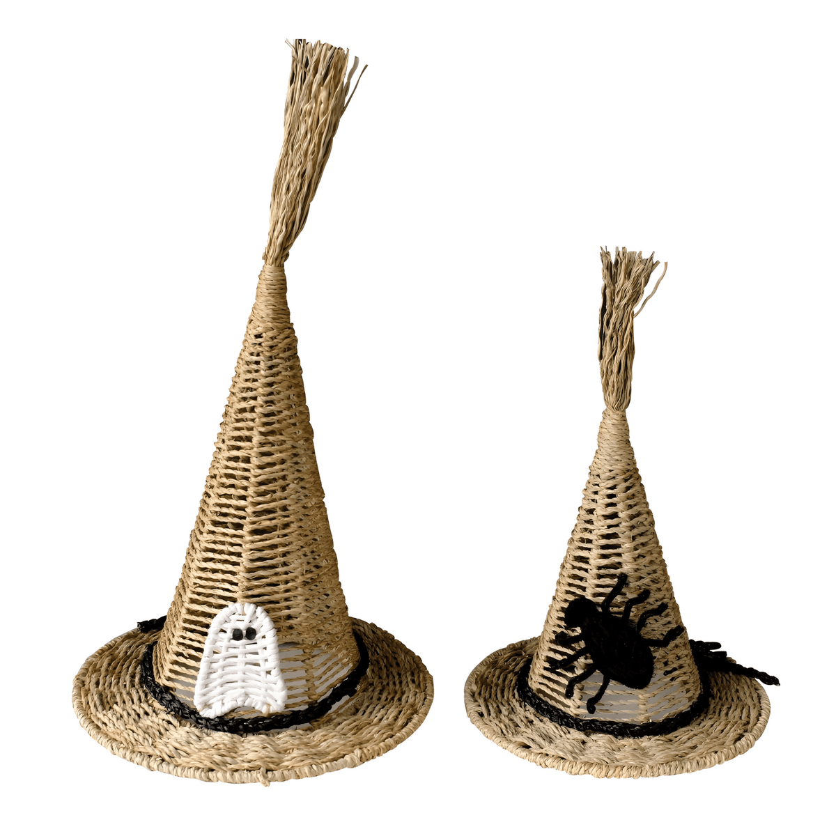 Set of 2 Handwoven Natural Witch Hat Decorations with Ghost and Spider Accents – Halloween Tabletop Décor