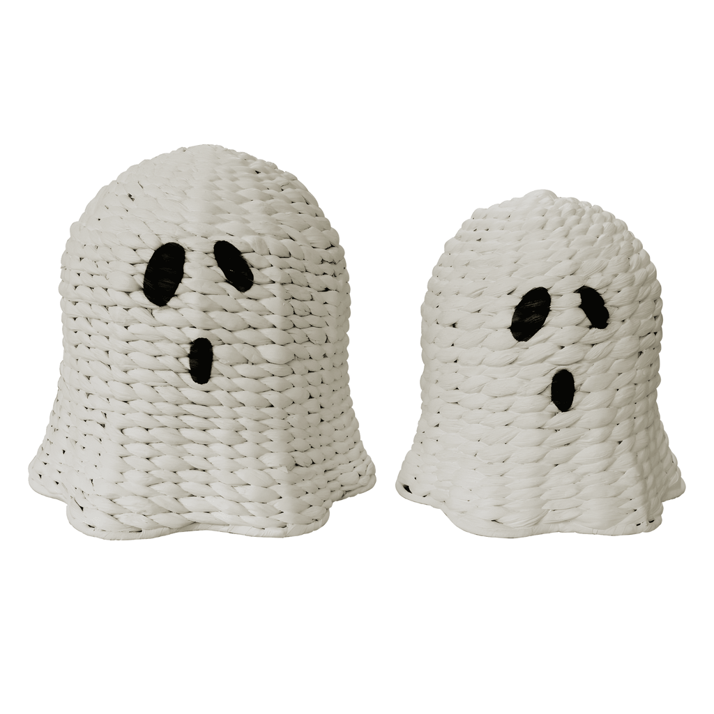 Set of 2 Handwoven White Ghost-Shaped Decorative Accents – Halloween Tabletop Décor