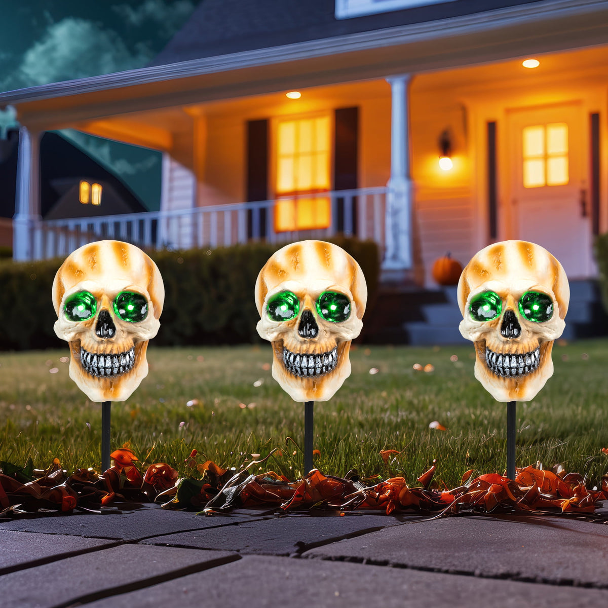 Northlight LED Lighted Skeleton Head Halloween Outdoor Pathway Markers with Sound - 15" - Set of 3