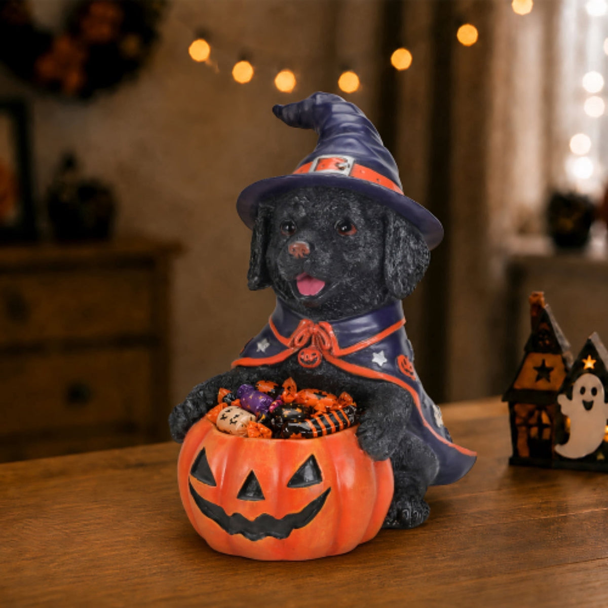 SpookHaven Halloween Jack‑O‑Lantern Pumpkin Mist Sprayer Figurine, LED Light‑Up Fogger with Witch Hat & Skull Decoration, Spooky Ornament for Tabletop Entryway Halloween Party Home Decor