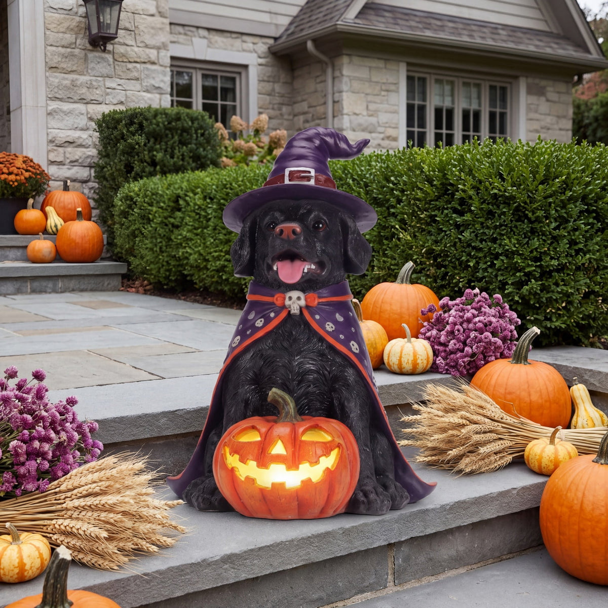 SpookHaven Halloween Jack‑O‑Lantern Pumpkin Mist Sprayer Figurine, LED Light‑Up Fogger with Witch Hat & Skull Decoration, Spooky Ornament for Tabletop Entryway Halloween Party Home Decor