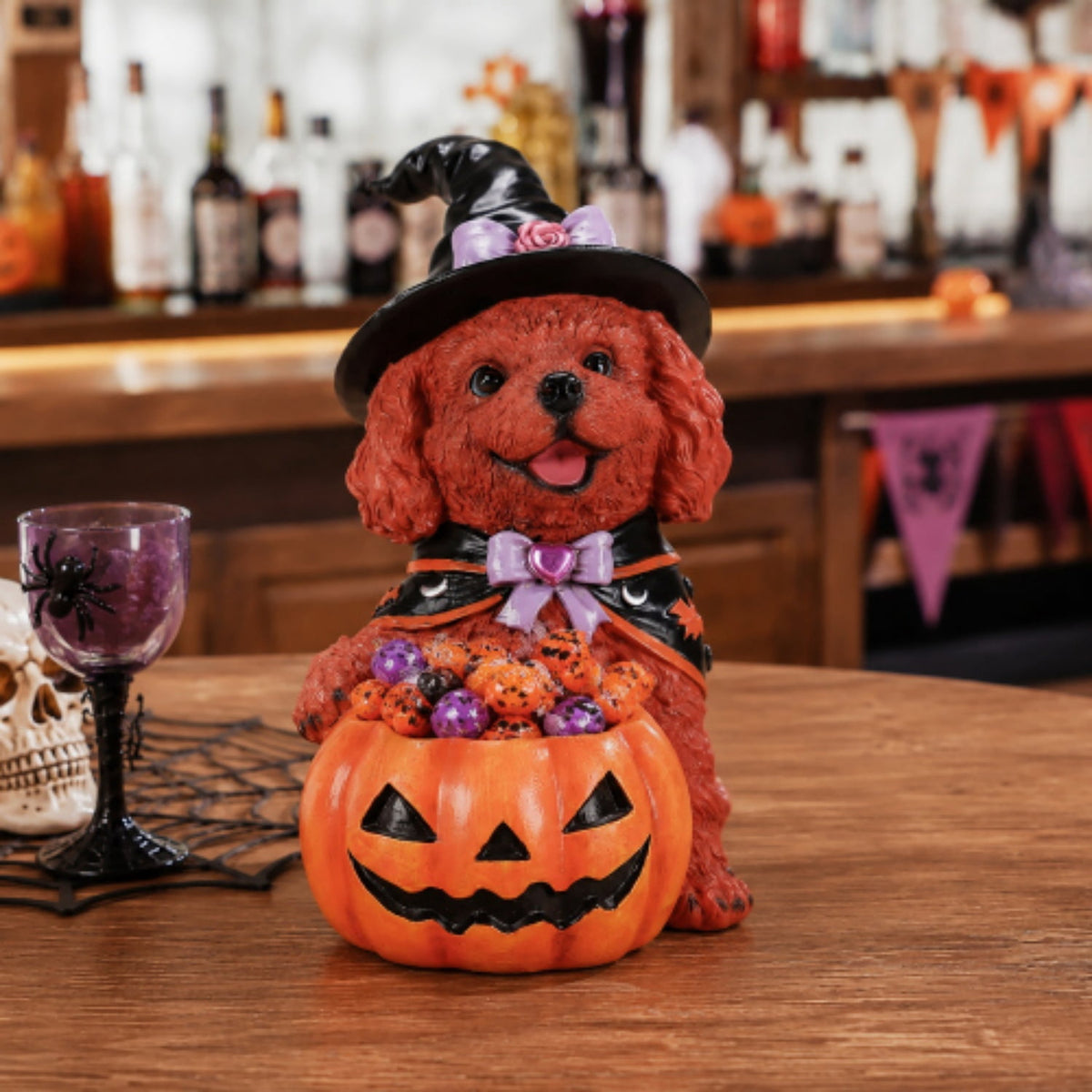 SpookHaven Halloween Jack‑O‑Lantern Pumpkin Mist Sprayer Figurine, LED Light‑Up Fogger with Witch Hat & Skull Decoration, Spooky Ornament for Tabletop Entryway Halloween Party Home Decor