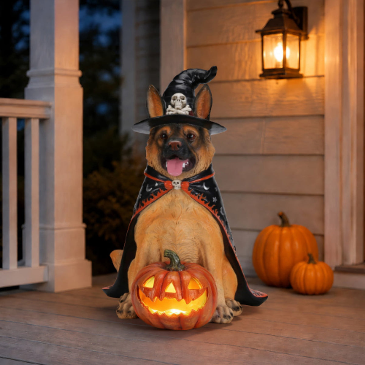 SpookHaven Halloween Jack‑O‑Lantern Pumpkin Mist Sprayer Figurine, LED Light‑Up Fogger with Witch Hat & Skull Decoration, Spooky Ornament for Tabletop Entryway Halloween Party Home Decor