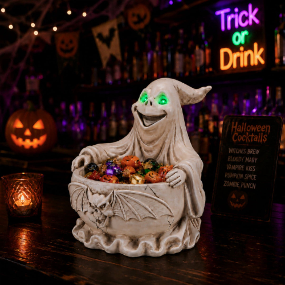 SpookHaven Halloween Jack‑O‑Lantern Pumpkin Mist Sprayer Figurine, LED Light‑Up Fogger with Witch Hat & Skull Decoration, Spooky Ornament for Tabletop Entryway Halloween Party Home Decor