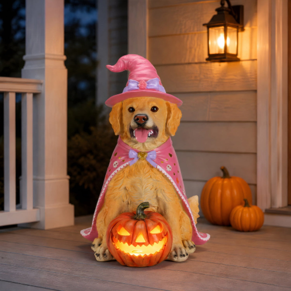 SpookHaven Halloween Jack‑O‑Lantern Pumpkin Mist Sprayer Figurine, LED Light‑Up Fogger with Witch Hat & Skull Decoration, Spooky Ornament for Tabletop Entryway Halloween Party Home Decor
