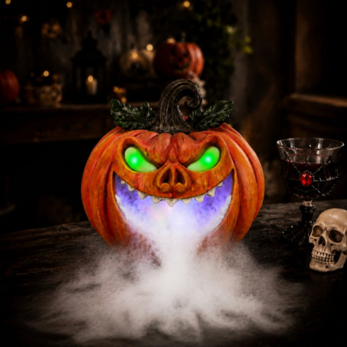 SpookHaven Halloween Jack‑O‑Lantern Pumpkin Mist Sprayer Figurine, LED Light‑Up Fogger with Witch Hat & Skull Decoration, Spooky Ornament for Tabletop Entryway Halloween Party Home Decor