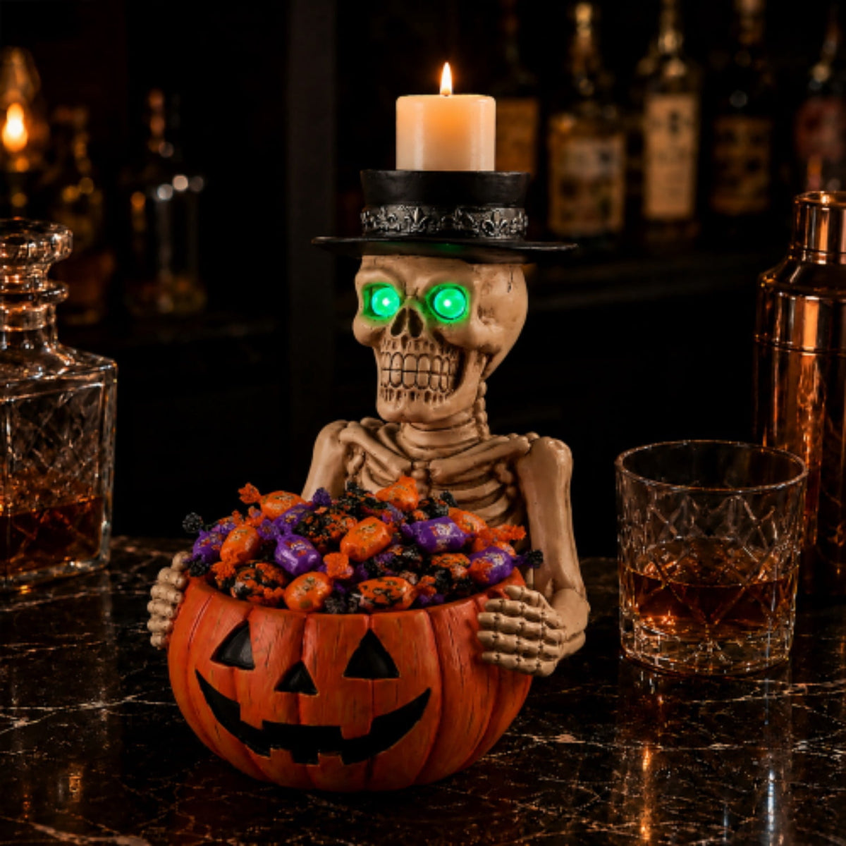 SpookHaven Halloween Jack‑O‑Lantern Pumpkin Mist Sprayer Figurine, LED Light‑Up Fogger with Witch Hat & Skull Decoration, Spooky Ornament for Tabletop Entryway Halloween Party Home Decor