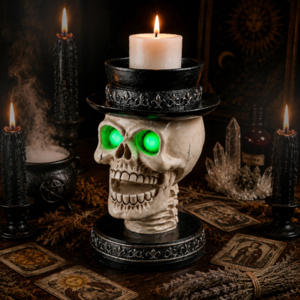 SpookHaven Halloween Jack‑O‑Lantern Pumpkin Mist Sprayer Figurine, LED Light‑Up Fogger with Witch Hat & Skull Decoration, Spooky Ornament for Tabletop Entryway Halloween Party Home Decor