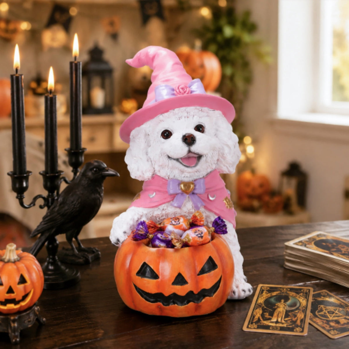 SpookHaven Halloween Jack‑O‑Lantern Pumpkin Mist Sprayer Figurine, LED Light‑Up Fogger with Witch Hat & Skull Decoration, Spooky Ornament for Tabletop Entryway Halloween Party Home Decor