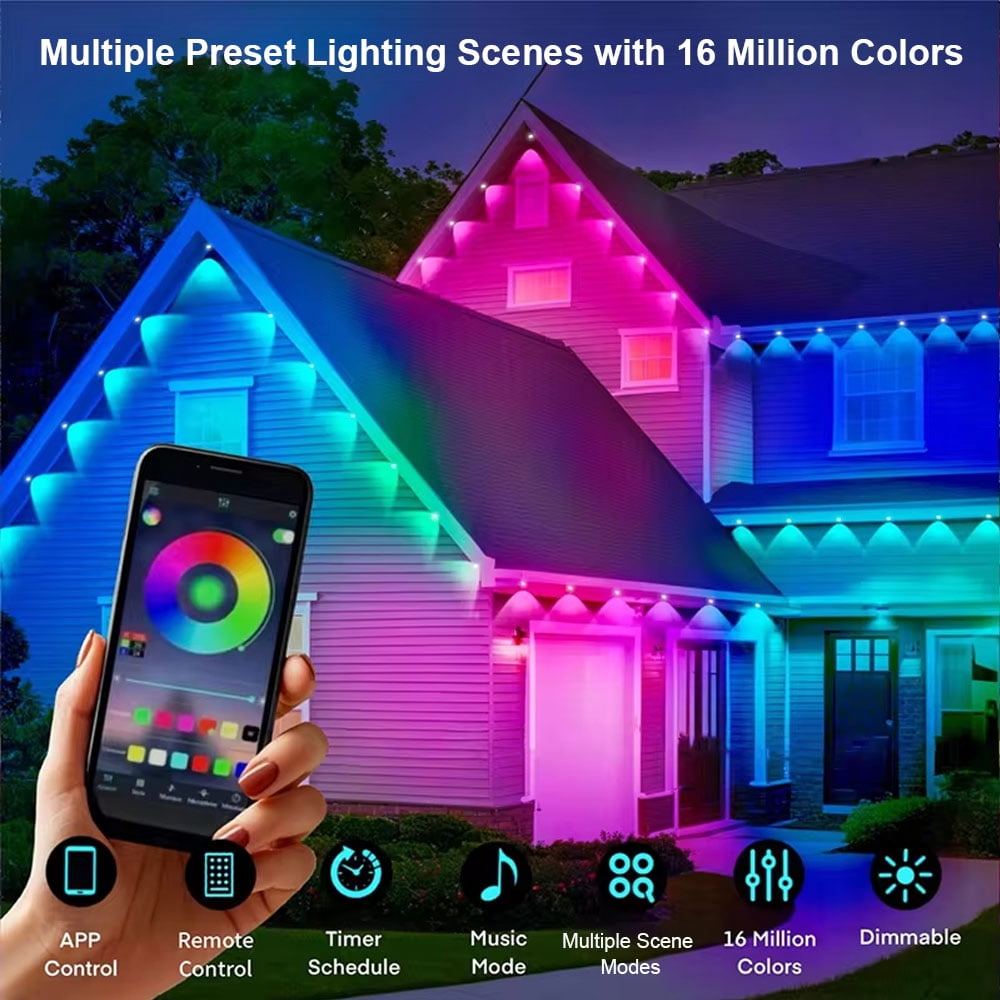 VIVIHEYDAY Permanent Outdoor Lights 100ft, Smart RGB App Remote Control Outdoor Lights with 60 LEDs, LED Eaves Lights IP67 Waterproof, House Roof Outdoor Lighting for Party, Halloween, Christmas