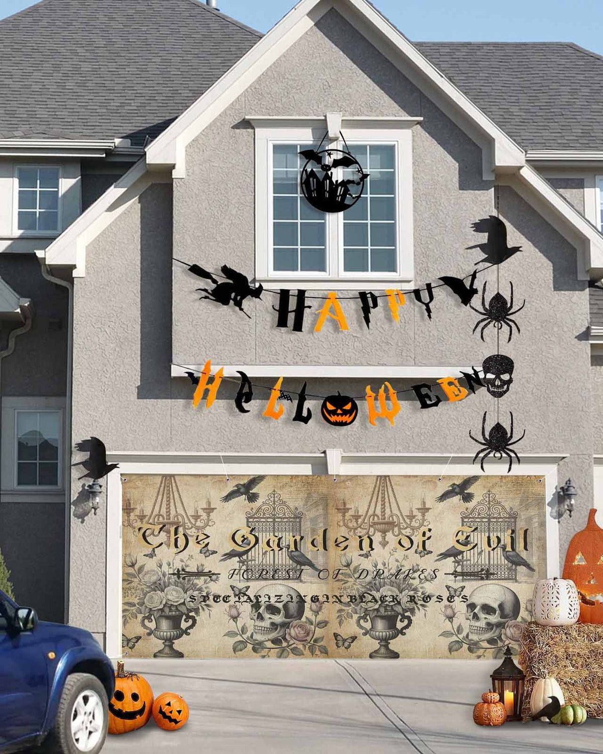 Vintage Skeletons Head Garage Door Banner Cover 7 x 16 ft Crows Halloween Rose Flower Candle Holders Garage Door Decoration Hanging Garage Door Cover Backdrop Wall Decoration for Outdoor Home Party