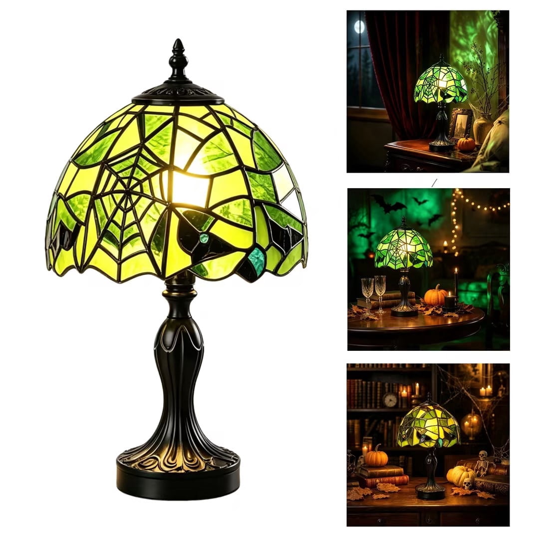Vintage Style Glass Spiderweb Halloween Lamp, 8" Handmade Spiderweb Pattern Gothic Resin Desk Light, Halloween Decorations Indoor for Bedroom, Living Room, Office (Green)