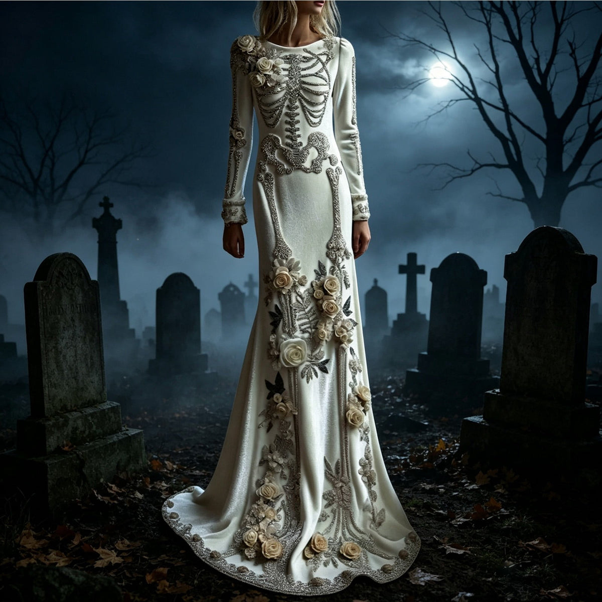 Women Halloween Skeleton Mermaid Dress, Velvet Long Sleeve Bodycon Gown with 3D Floral Appliques, Floor‑Trailing Gothic Costume for Party Cosplay L