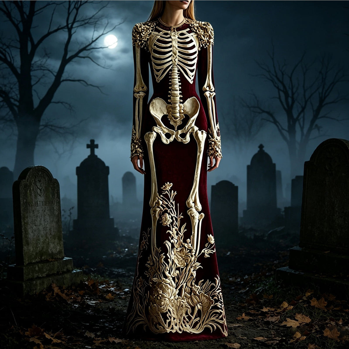 Women Halloween Skeleton Mermaid Dress, Velvet Long Sleeve Bodycon Gown with 3D Floral Appliques, Floor‑Trailing Gothic Costume for Party Cosplay L