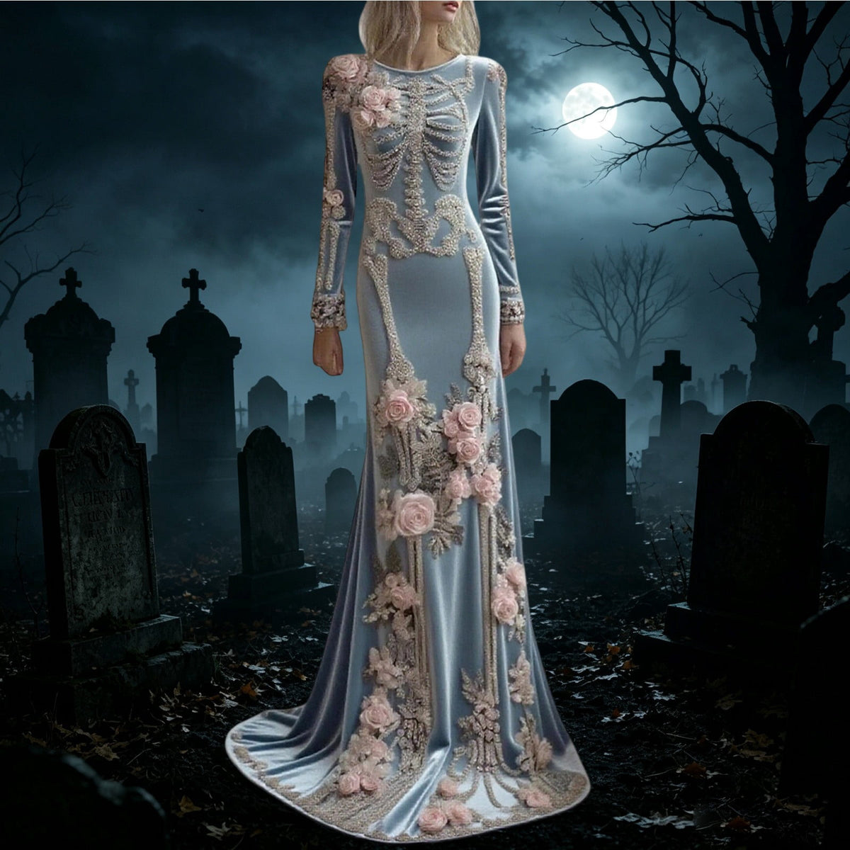 Women Halloween Skeleton Mermaid Dress, Velvet Long Sleeve Bodycon Gown with 3D Floral Appliques, Floor‑Trailing Gothic Costume for Party Cosplay L