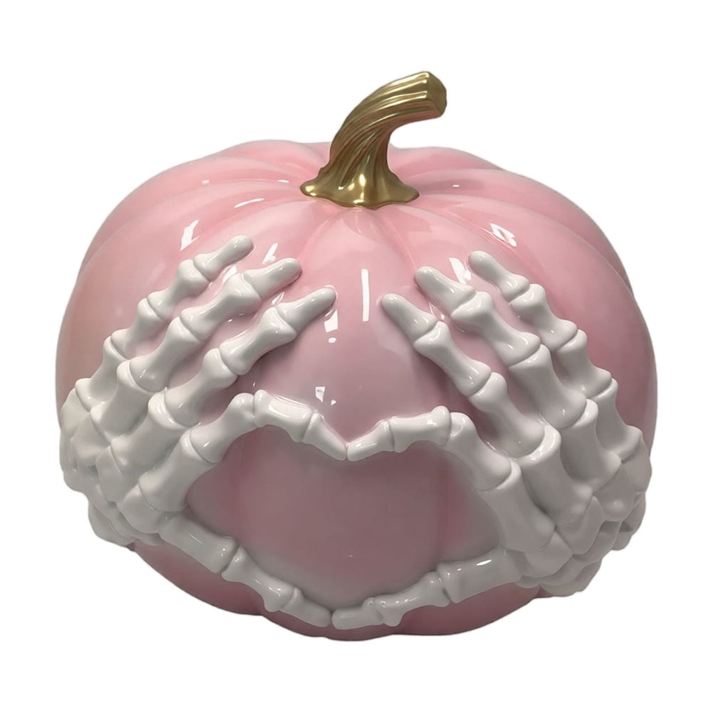 XHKUYI Halloween Skeleton Hands Heart Pumpkin Statue 11 inch, Gothic Pastels Resin Pumpkin Figurines, for Halloween Home Mantel Party Shelf Decors