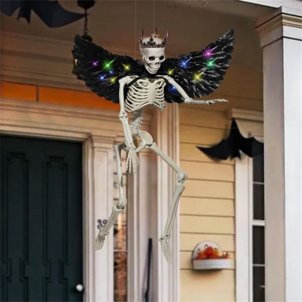 Yujia Halloween 36" Hanging Posable Human Skeleton with LED Wings and Crown, Articulated Full Body Prop for Haunted House, Party, Yard, Home Interior Display