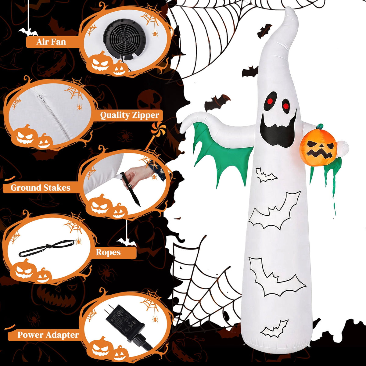 12ft Halloween Inflatable Ghost Bat Ornament with 4 LED Lights 82 String Lights