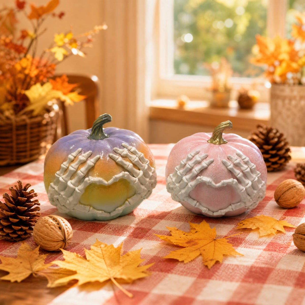 XHKUYI Halloween Skeleton Hands Heart Pumpkin Statue 11 inch, Gothic Pastels Resin Pumpkin Figurines, for Halloween Home Mantel Party Shelf Decors